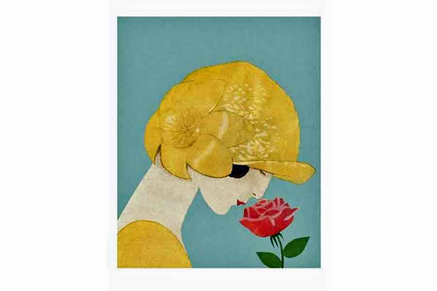 Rose Flower Poster, Woman in Gold Hat Smelling Rose