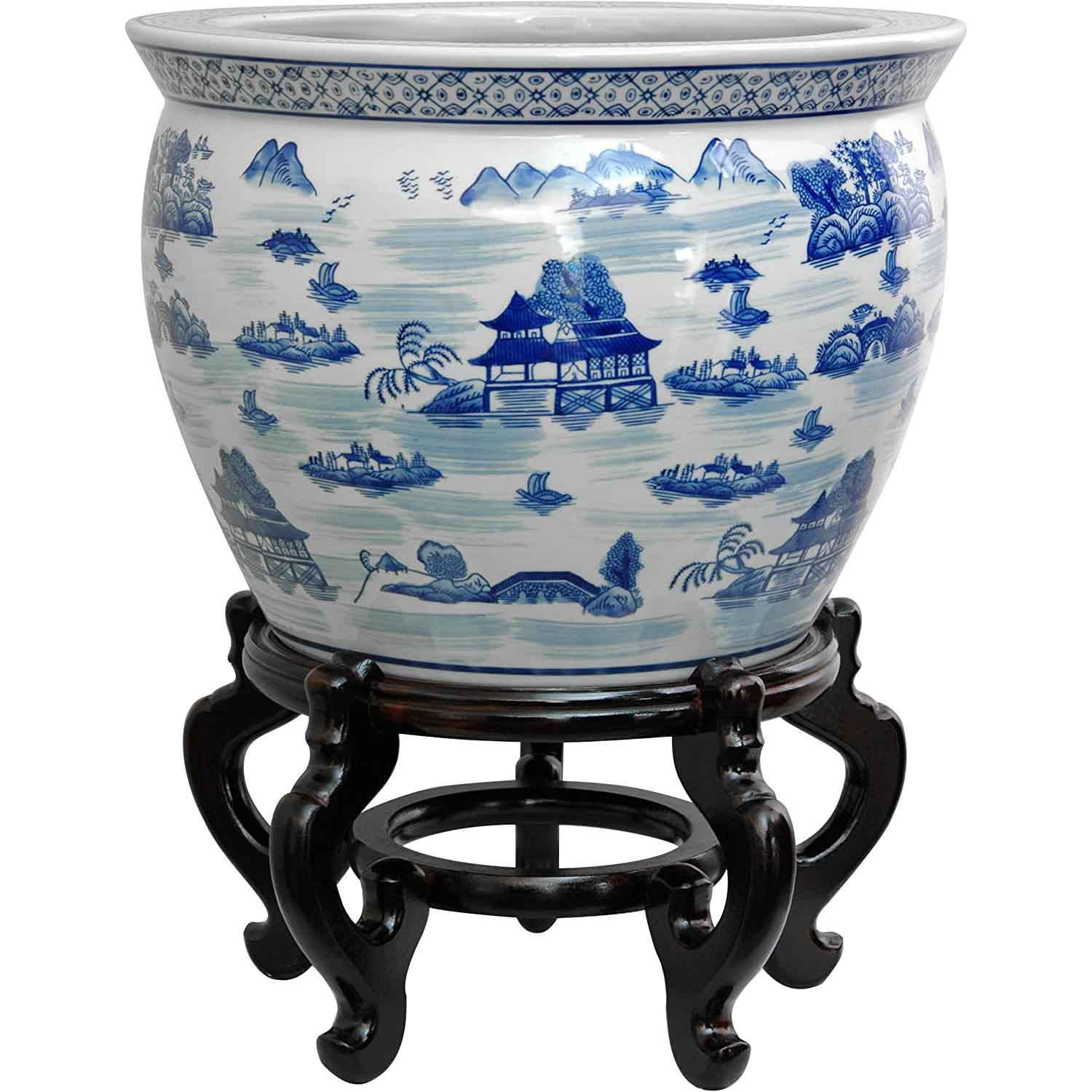 Blue and White Oriental Fishbowl Planter